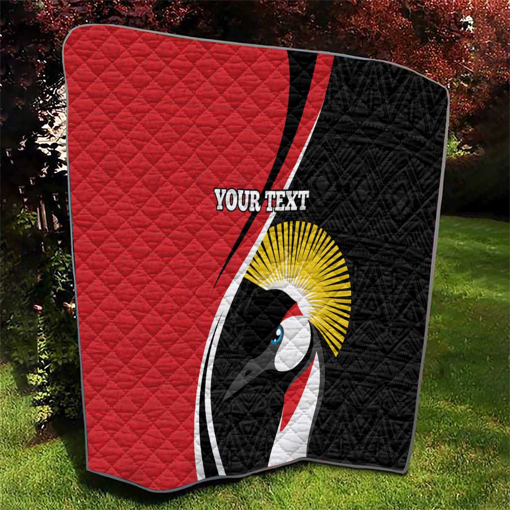 Quilt blanket in red and black with crane design, “YOUR TEXT” text detail
