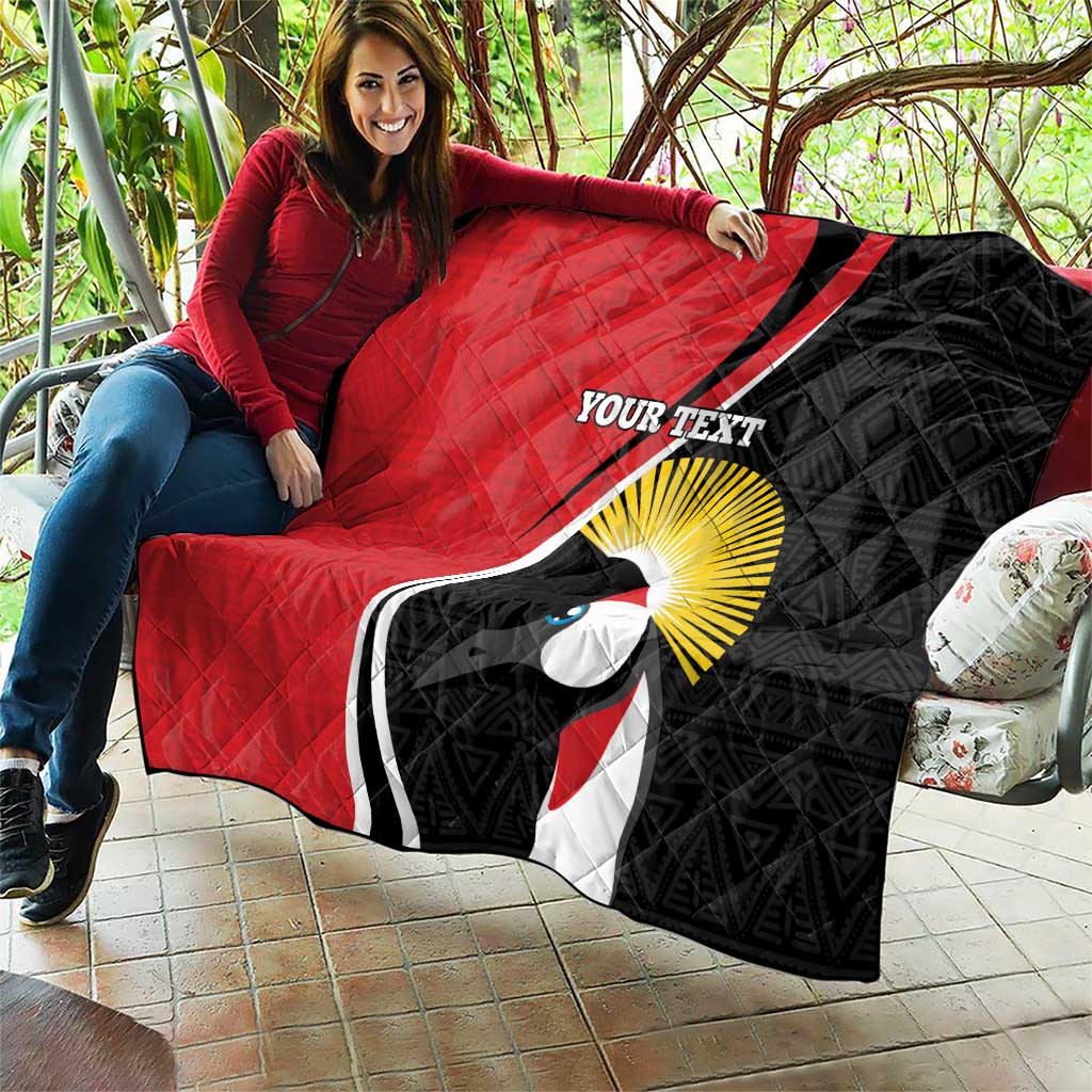 Large red and black quilt draped outdoors with crane emblem and “YOUR TEXT”