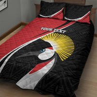 Red and black quilt bed set with 'YOUR TEXT' center and bird graphic, bed view