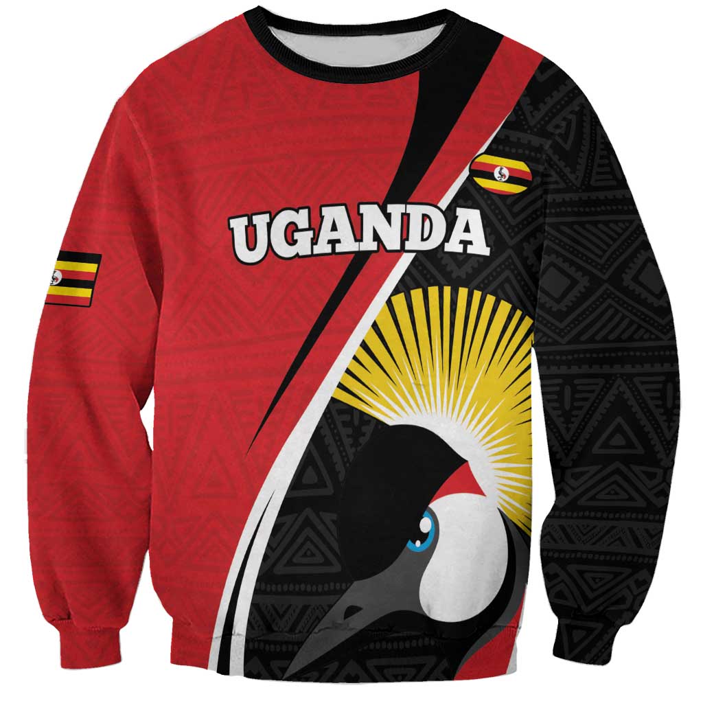Unisex crewneck sweatshirt, red and black African pattern with Uganda text and cranes emblem