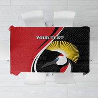 Square tablecloth with red and black crane emblem and white pattern accents