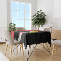 Rectangular tablecloth with black patterned design, white stripe, and crane emblem