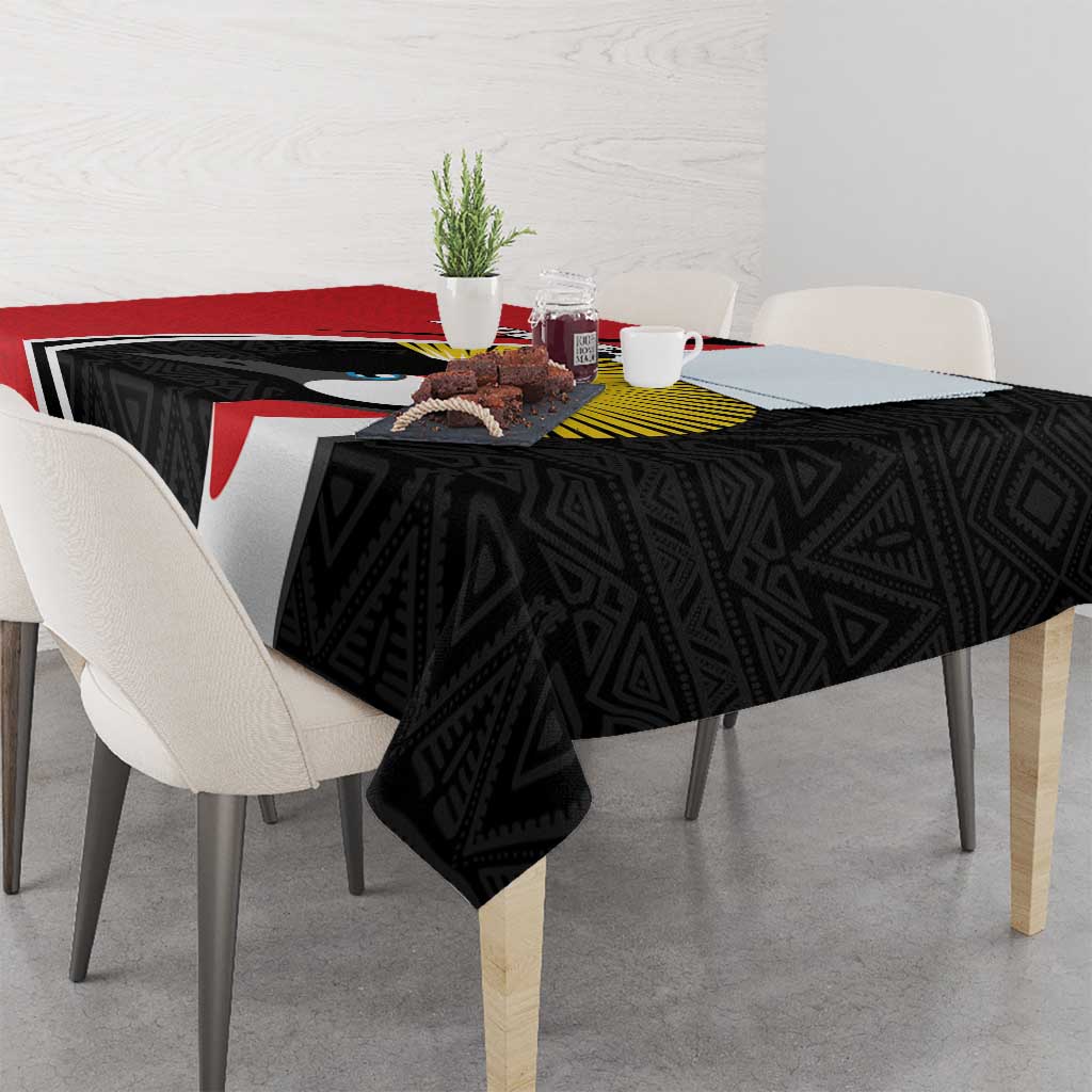Black tablecloth with geometric pattern, white stripe, and crane emblem center