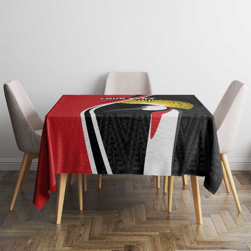 Rectangular tablecloth with red border and black geometric pattern featuring crane
