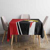 Rectangular tablecloth with red border and black geometric pattern featuring crane