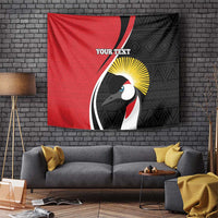 Red and black African pattern rugby tapestry with crane graphic, sunburst, 'YOUR TEXT'