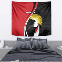 Red and black rugby tapestry with crane graphic, geometric background, 'YOUR TEXT'