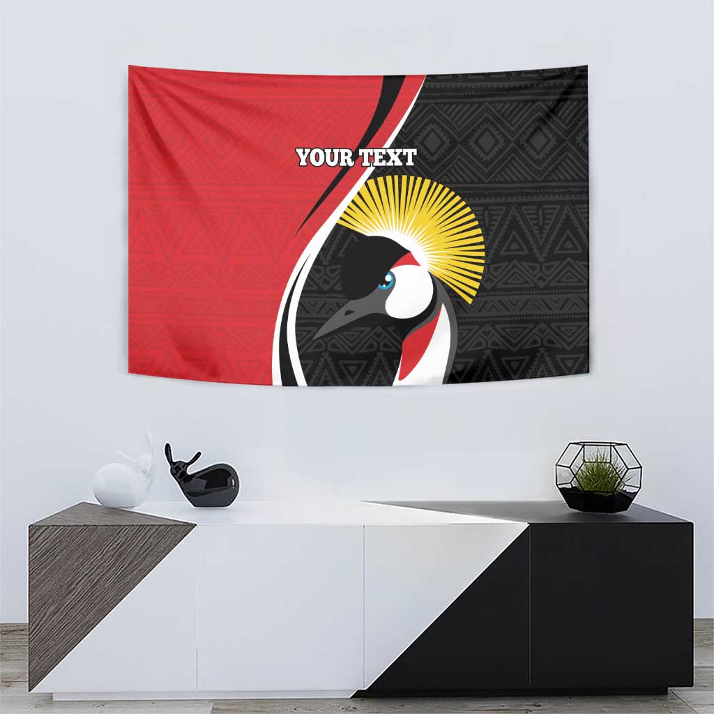 Red and black African pattern rugby tapestry showing crane face and sunburst, 'YOUR TEXT'
