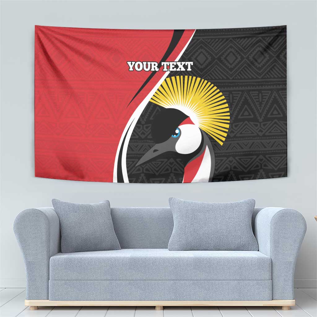 Red and black rugby tapestry with crane artwork, bold sunburst, 'YOUR TEXT' centered