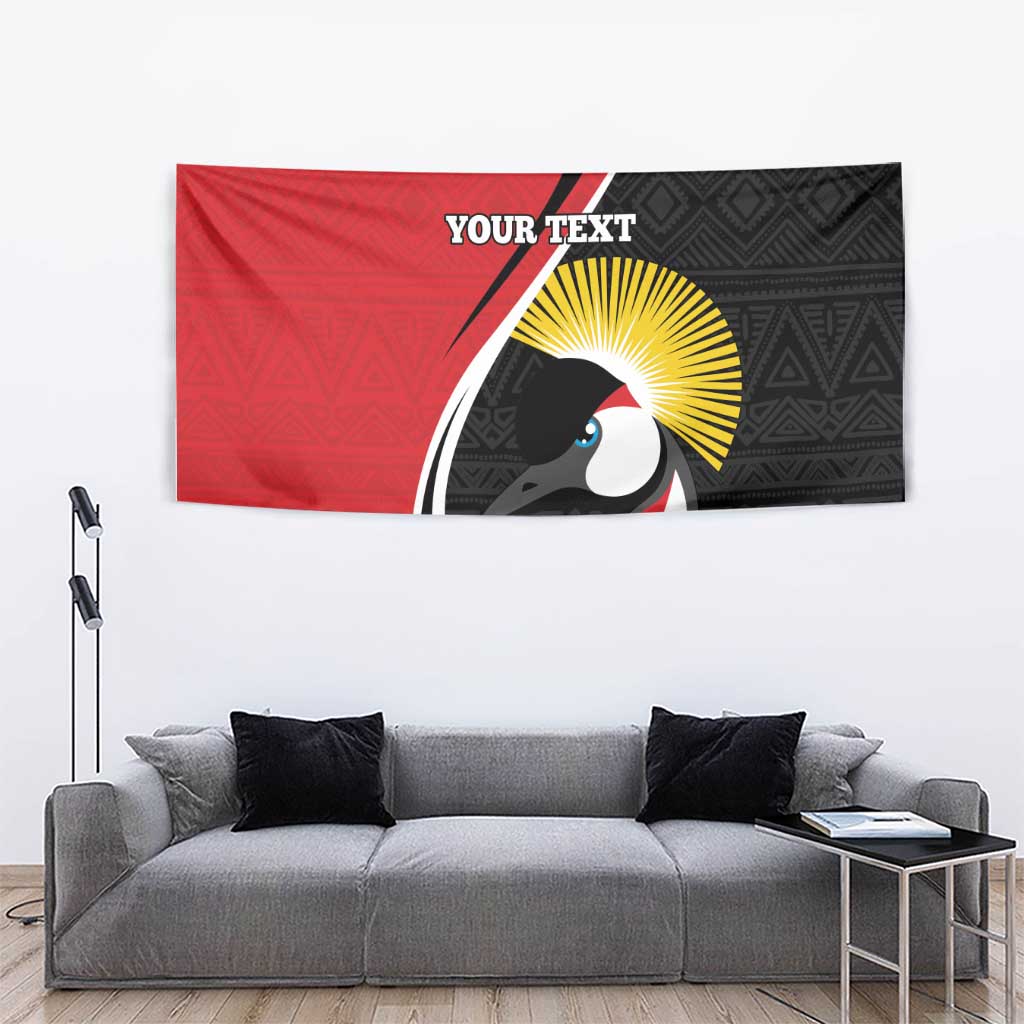 Red and black rugby tapestry with crane graphic and sunburst, 'YOUR TEXT' on top