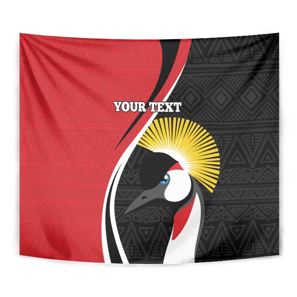 Red and black African pattern rugby tapestry close-up of crane face and sunburst, 'YOUR TEXT'