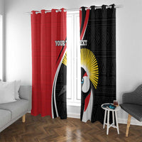 Red and black African-pattern window curtain panels with toucan graphic; grommet header
