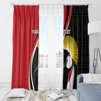 Red and black African-pattern window curtain panels with toucan graphic; grommet top
