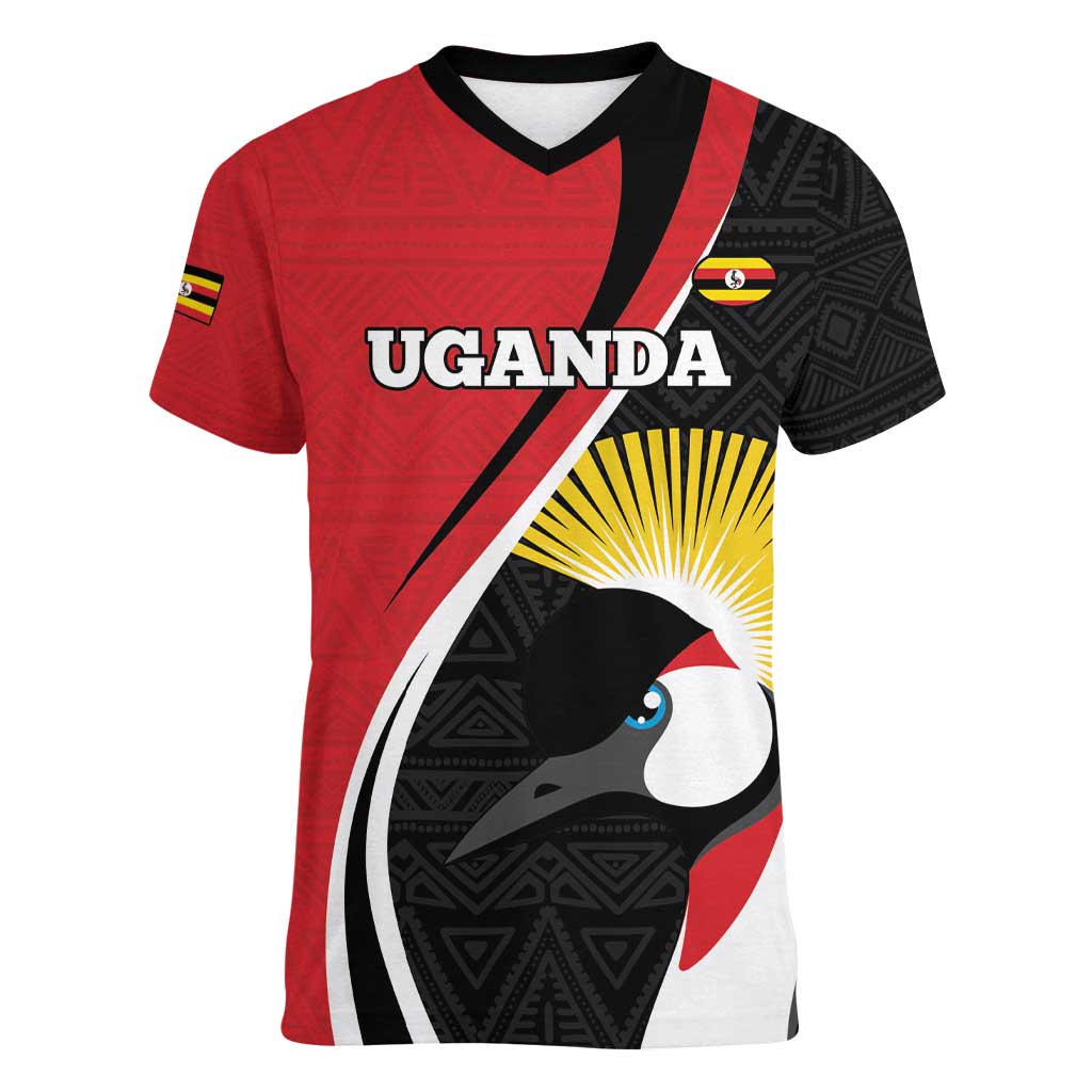 Uganda Rugby Custom Women V-Neck T-Shirt Go Cranes - African Pattern - Wonder Print Shop