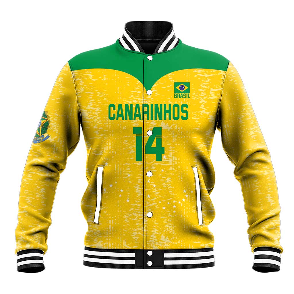 Unisex yellow and green baseball jacket with striped ribbed collar, snap buttons, front logo