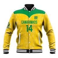 Unisex yellow and green baseball jacket with striped ribbed collar, snap buttons, front logo