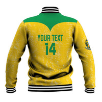 Unisex yellow and green baseball jacket back view, striped cuffs, 'YOUR TEXT' and number 14