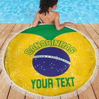 Round beach blanket, yellow with Brazil crest and green accents, custom 'YOUR TEXT', white fringe