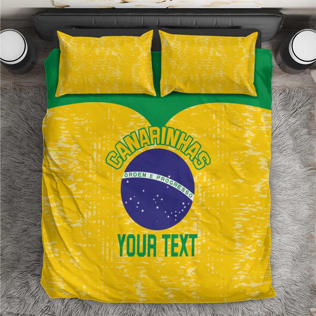 Yellow bedding set with green center stripe, Brazil emblem, and 2 matching pillowcases