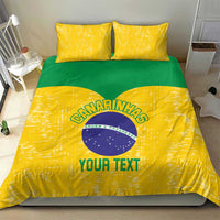 Yellow bedding set with green panel and Brazil emblem on duvet; 2 matching pillowcases