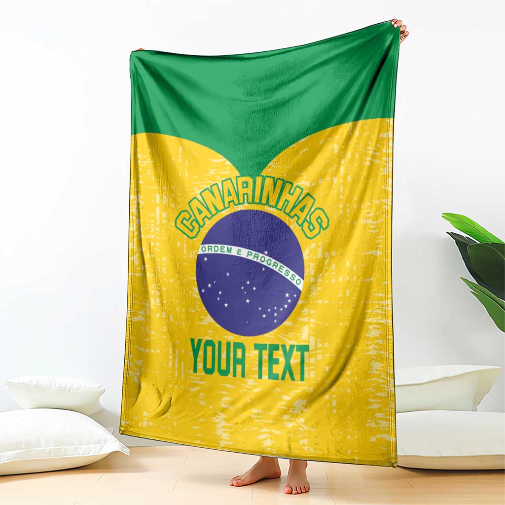 Custom Brazil volleyball blanket, yellow-and-green with Brazil emblem and "YOUR TEXT" front view.