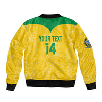 Unisex yellow volleyball bomber jacket, back text YOUR TEXT and number 14, black rib trim