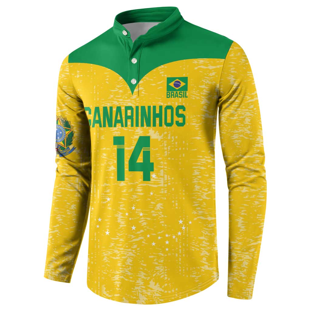 Yellow and green button-front volleyball sweatshirt with CANARINHOS, 14, and Brazil logo