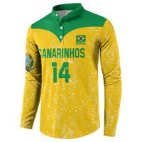 Yellow and green button-front volleyball sweatshirt with CANARINHOS, 14, and Brazil logo