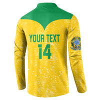 Yellow and green button-front volleyball sweatshirt with “YOUR TEXT”, 14, and Brazil emblem