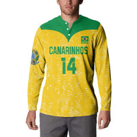 Yellow and green button-front volleyball sweatshirt worn by model with CANARINHOS 14 print