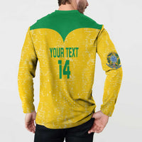 Yellow and green button-front volleyball sweatshirt worn by model with “YOUR TEXT” and 14 back print