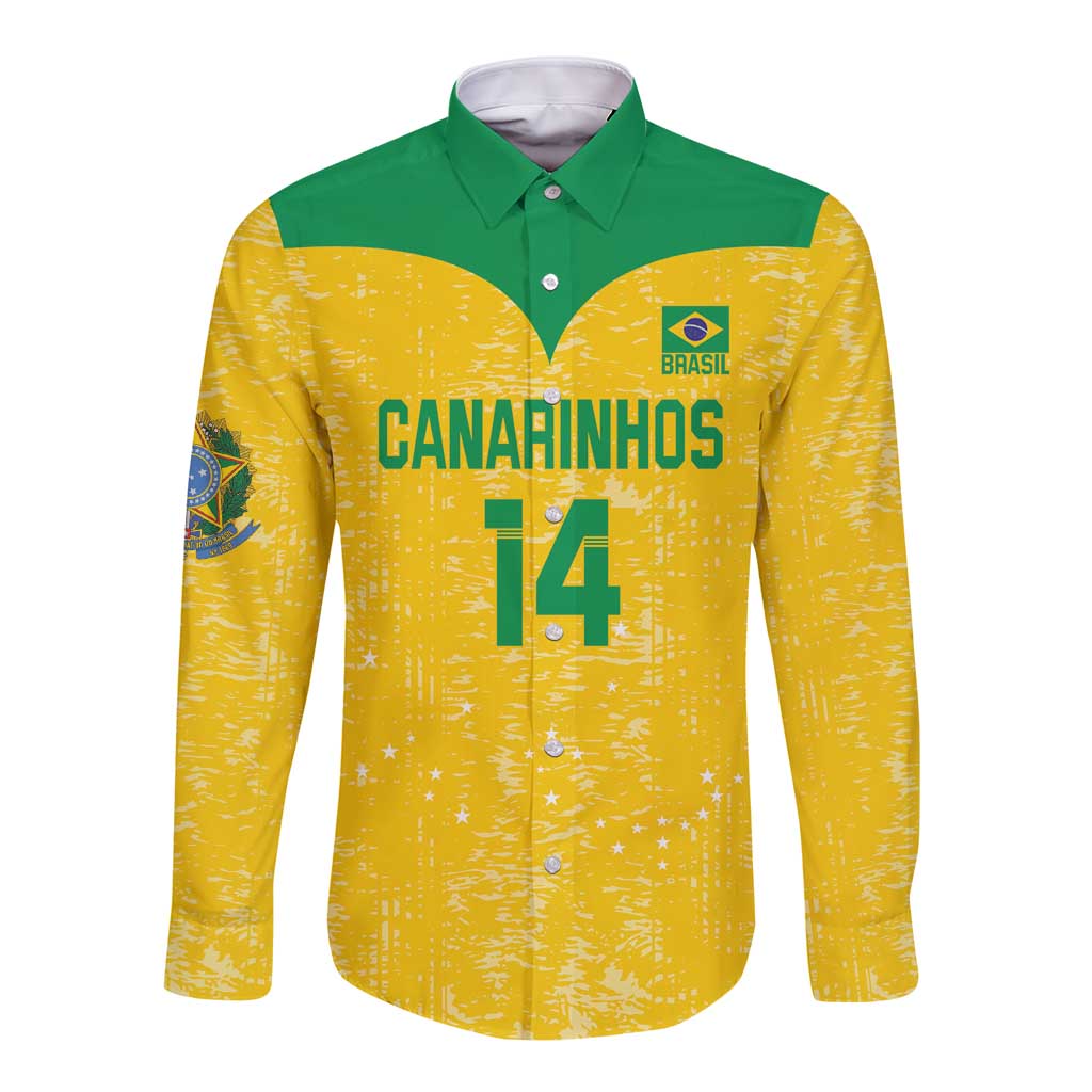 Yellow long-sleeve button volleyball shirt with green yoke, Brasil crest, Canarinhos 14