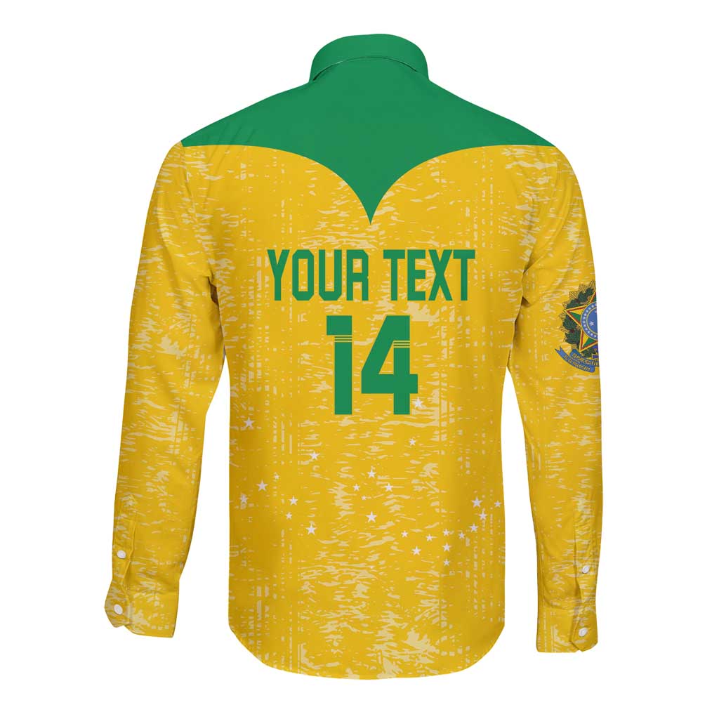 Yellow long-sleeve button volleyball shirt with green yoke, back text YOUR TEXT and 14