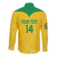 Yellow long-sleeve button volleyball shirt with green yoke, back text YOUR TEXT and 14