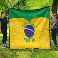Brasil volleyball quilt spread outdoors, green top and yellow sides with crest and "YOUR TEXT"