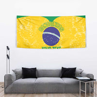 Brazil volleyball tapestry with green border, yellow background, round emblem and 'YOUR TEXT' text
