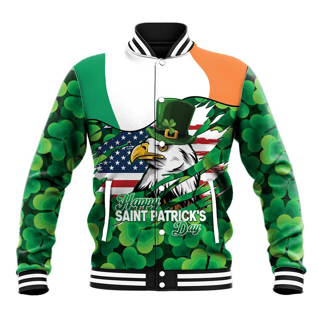 Irish American St Patrick's Day Baseball Jacket USA Eagle Leprechaun Hat Shamrock Pattern