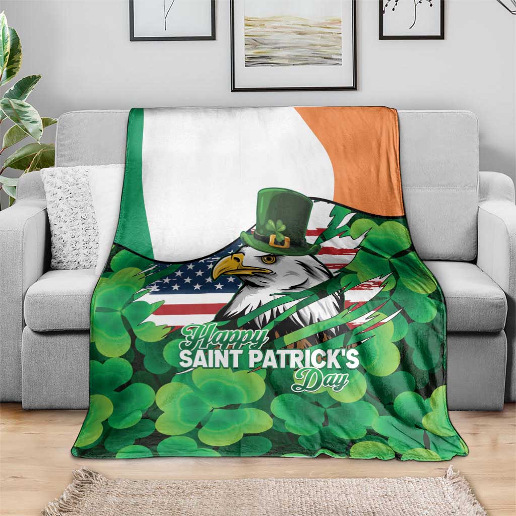 Irish American St Patrick's Day Blanket USA Eagle Leprechaun Hat Shamrock Pattern
