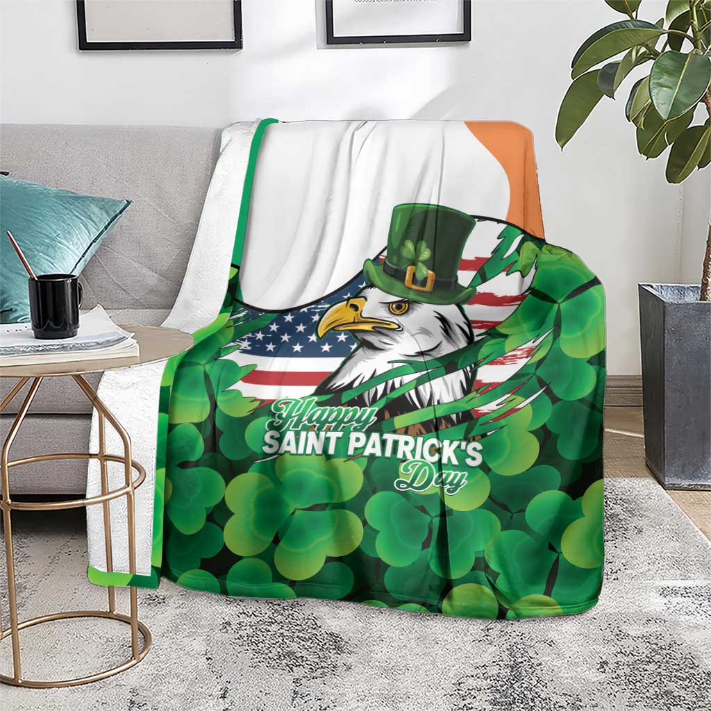 Irish American St Patrick's Day Blanket USA Eagle Leprechaun Hat Shamrock Pattern
