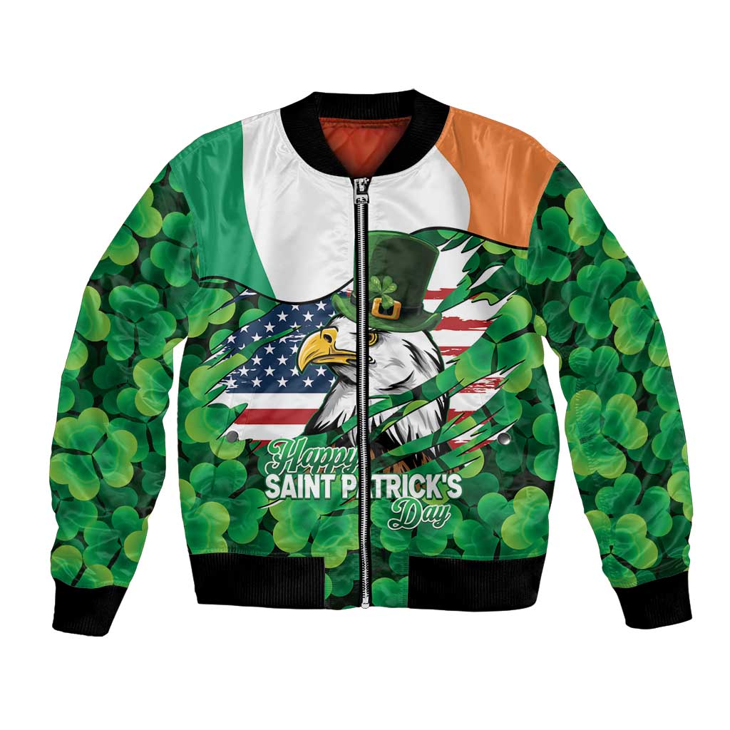 Irish American St Patrick's Day Bomber Jacket USA Eagle Leprechaun Hat Shamrock Pattern