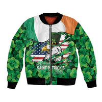 Irish American St Patrick's Day Bomber Jacket USA Eagle Leprechaun Hat Shamrock Pattern