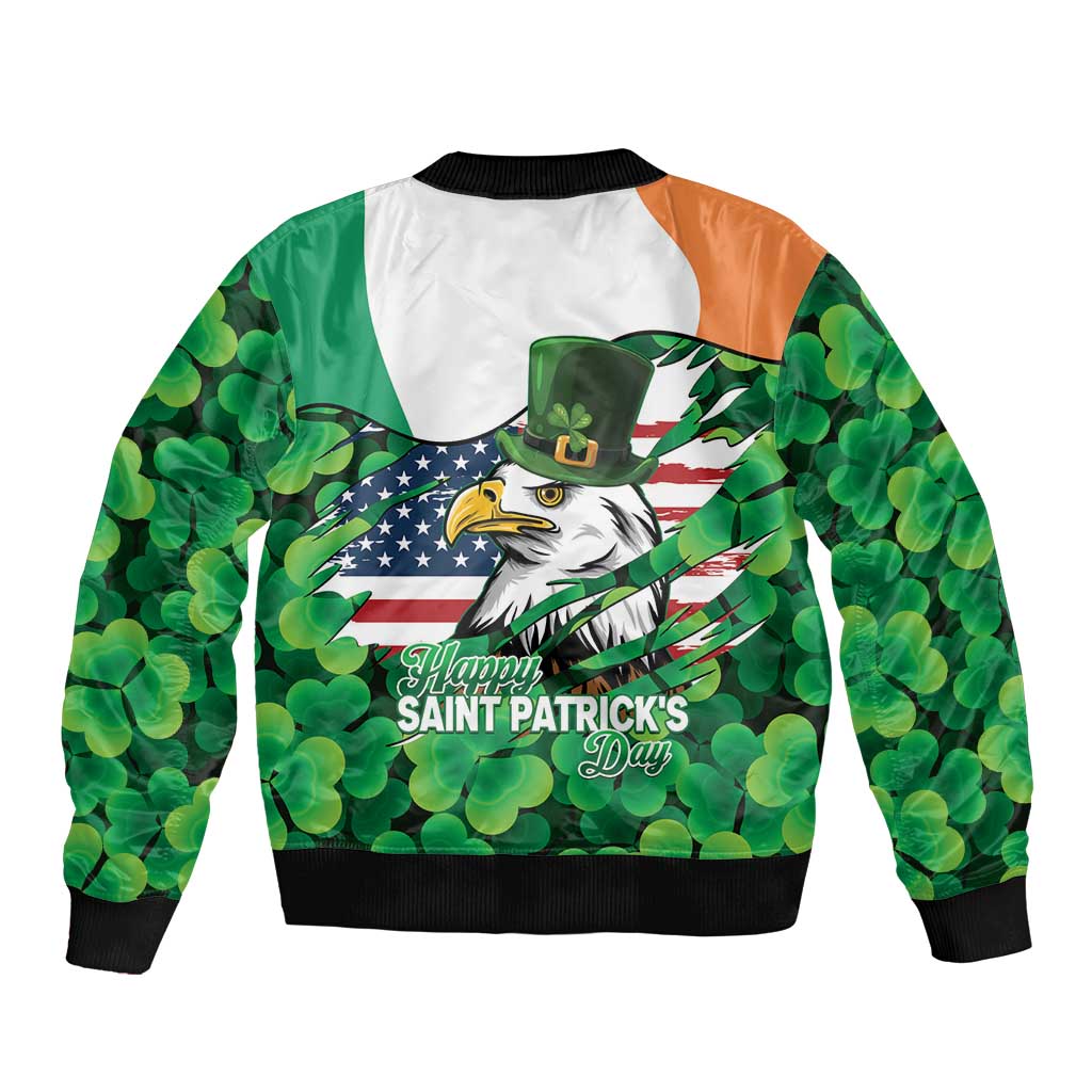 Irish American St Patrick's Day Bomber Jacket USA Eagle Leprechaun Hat Shamrock Pattern