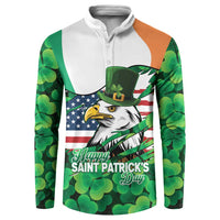 Irish American St Patrick's Day Button Sweatshirt USA Eagle Leprechaun Hat Shamrock Pattern