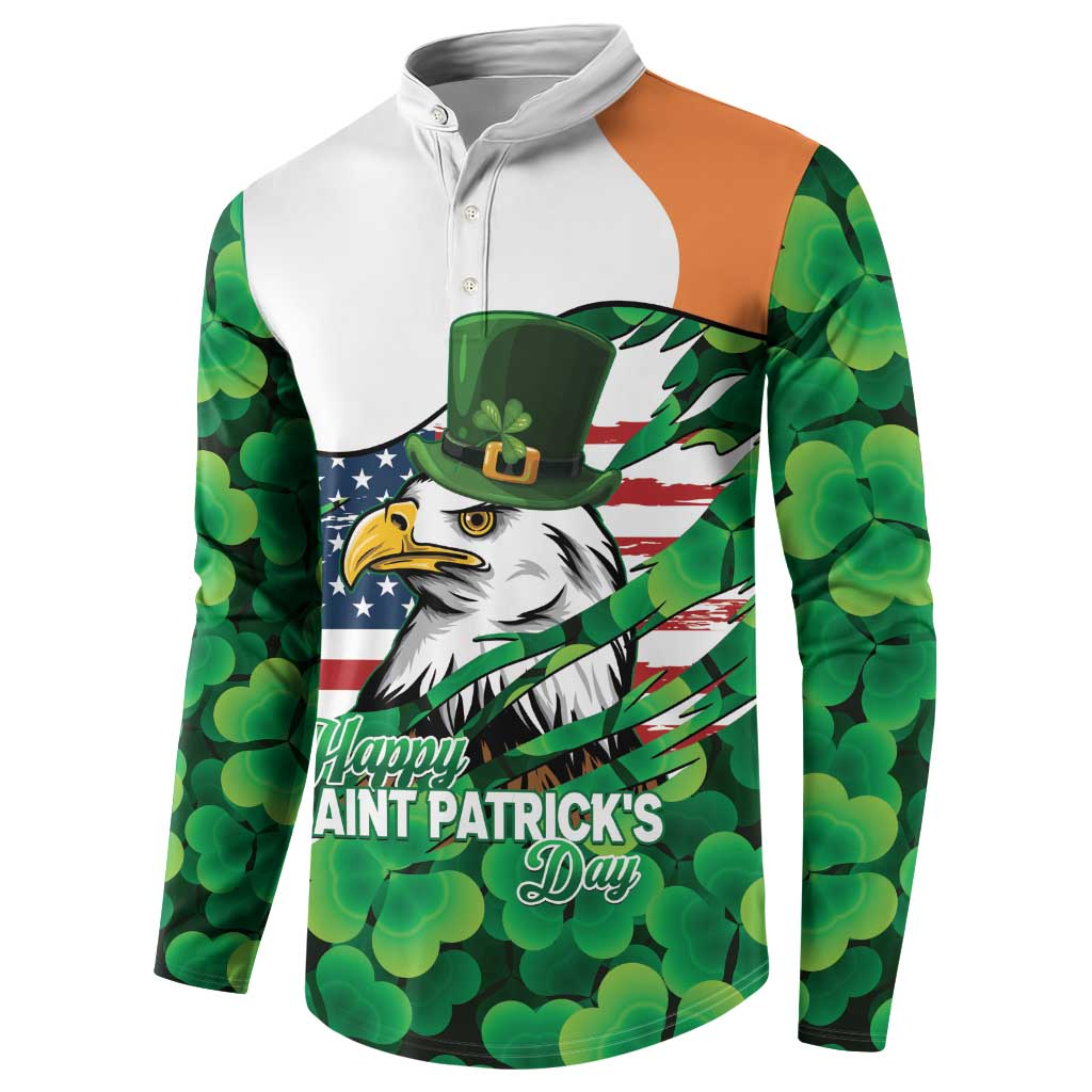 Irish American St Patrick's Day Button Sweatshirt USA Eagle Leprechaun Hat Shamrock Pattern
