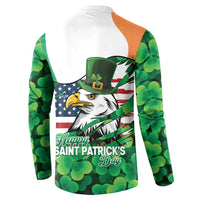 Irish American St Patrick's Day Button Sweatshirt USA Eagle Leprechaun Hat Shamrock Pattern