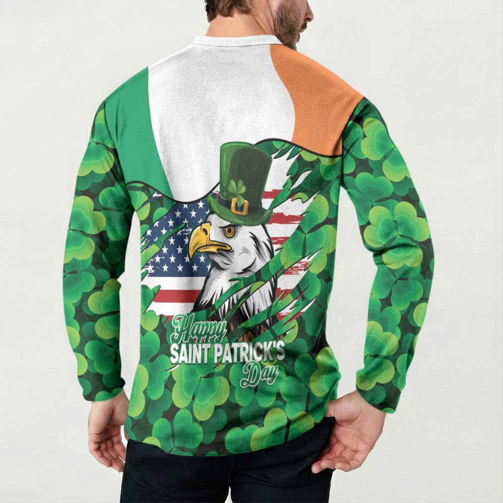 Irish American St Patrick's Day Button Sweatshirt USA Eagle Leprechaun Hat Shamrock Pattern
