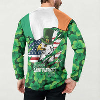 Irish American St Patrick's Day Button Sweatshirt USA Eagle Leprechaun Hat Shamrock Pattern