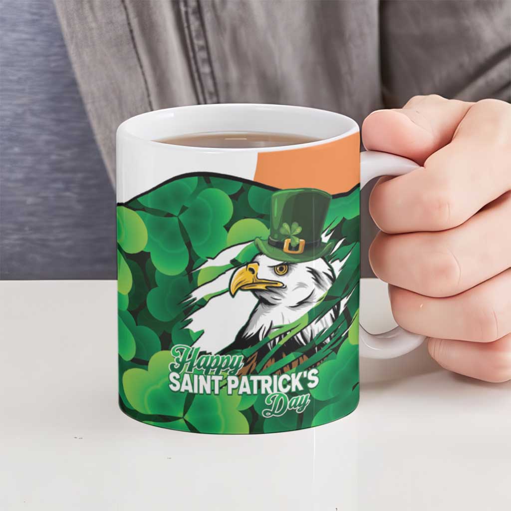 Irish American St Patrick's Day Ceramic Mug USA Eagle Leprechaun Hat Shamrock Pattern