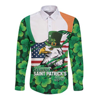 Irish American St Patrick's Day Long Sleeve Button Shirt USA Eagle Leprechaun Hat Shamrock Pattern