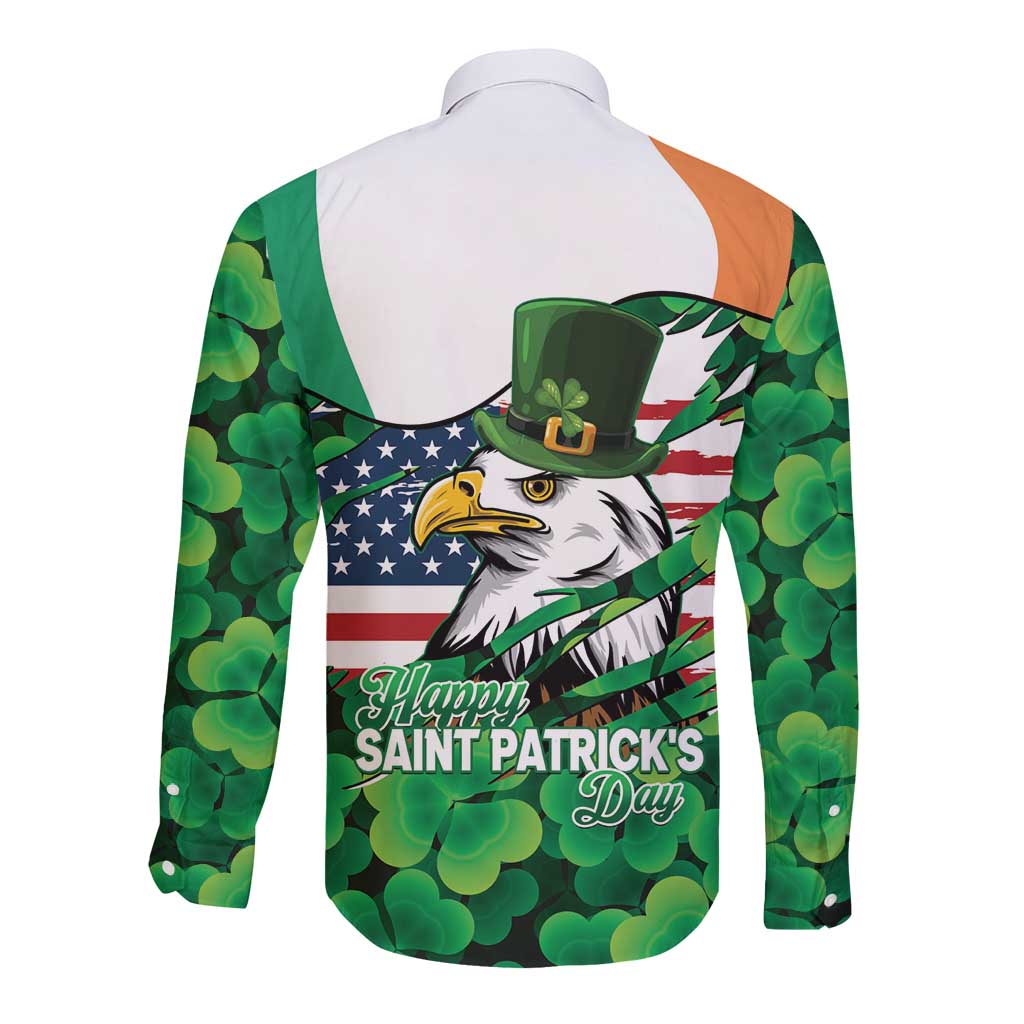 Irish American St Patrick's Day Long Sleeve Button Shirt USA Eagle Leprechaun Hat Shamrock Pattern
